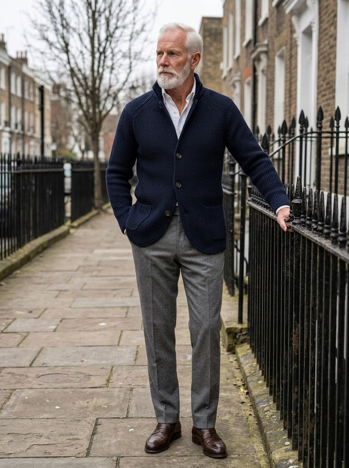 Wyndham waffle knit cardigan in Navy, lifestyle on a street of brick row houses, Gentlemens Manor