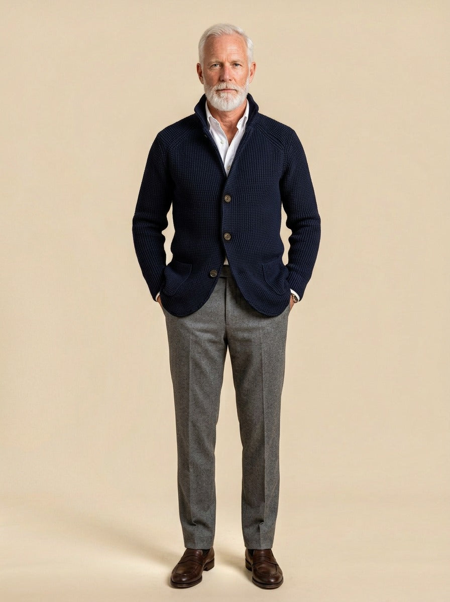 Wyndham waffle knit cardigan in Navy, studio, Gentlemens Manor